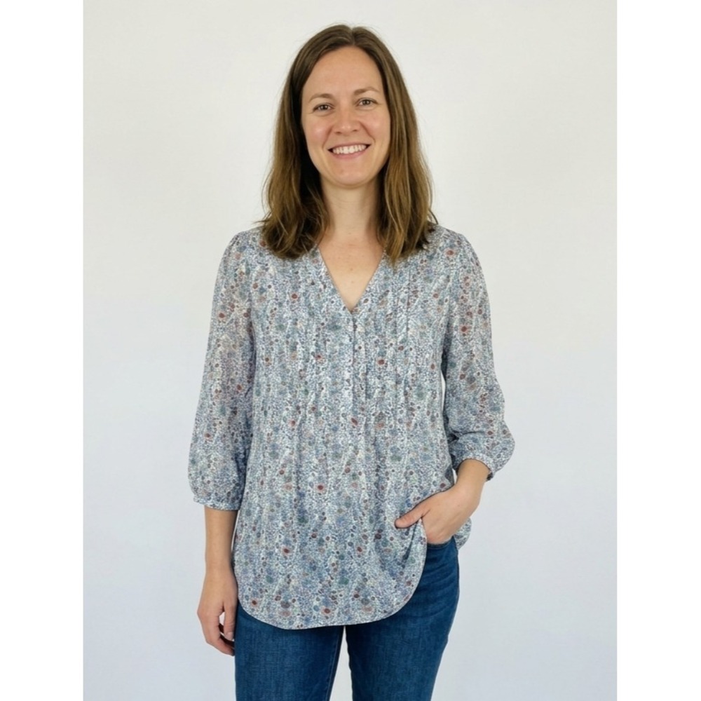 Rose + Olive Blouse Top Womens Plus 1X Blue Floral Chiffon Pintuck Boho Feminine